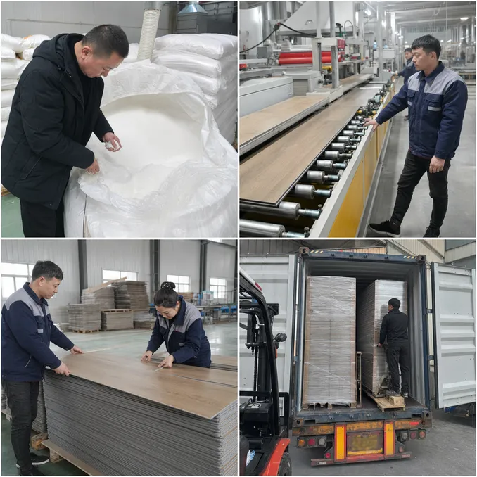 Elefloor 4-stage SPC flooring quality control inspection from raw material to container loading