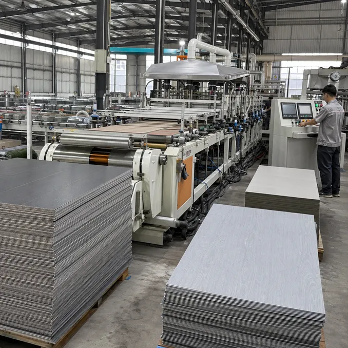 Elefloor SPC flooring production line showing UV coating and calender extrusion process