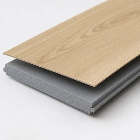 Wood veneer SPC flooring showing real wood surface bonded to rigid SPC core