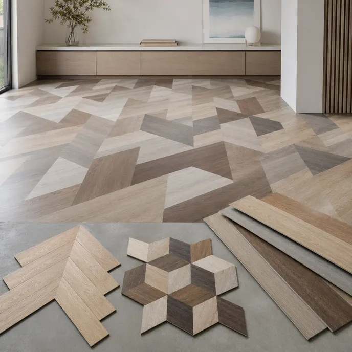 Abstract and mosaic LVT pattern tiles with interlocking tessellations for signature interior projects