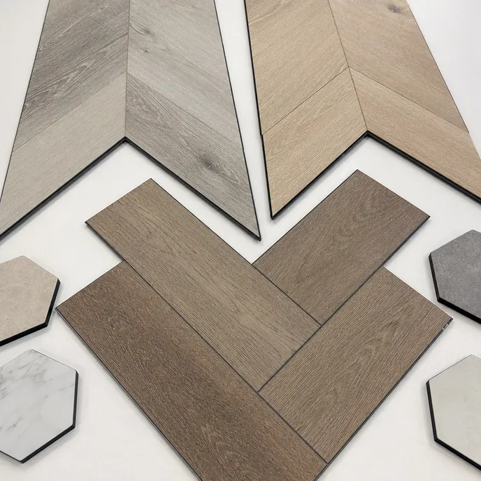 Chevron and herringbone LVT planks cut at precise 45 and 60 degree angles