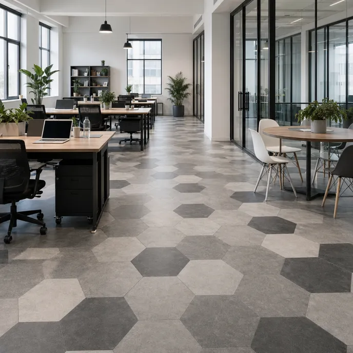 Hexagon geometric LVT in a co-working creative office space