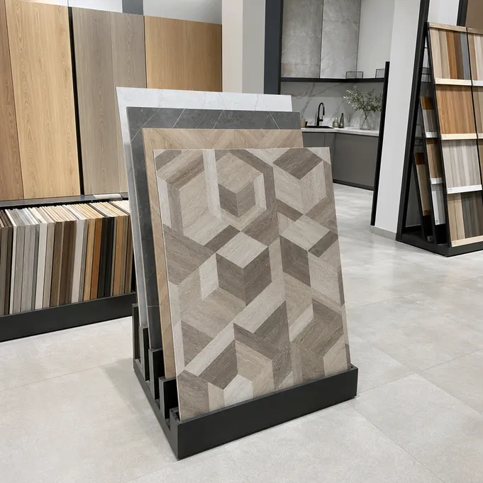 Geometric LVT positioned as the premium design tier within the full Elefloor LVT product range