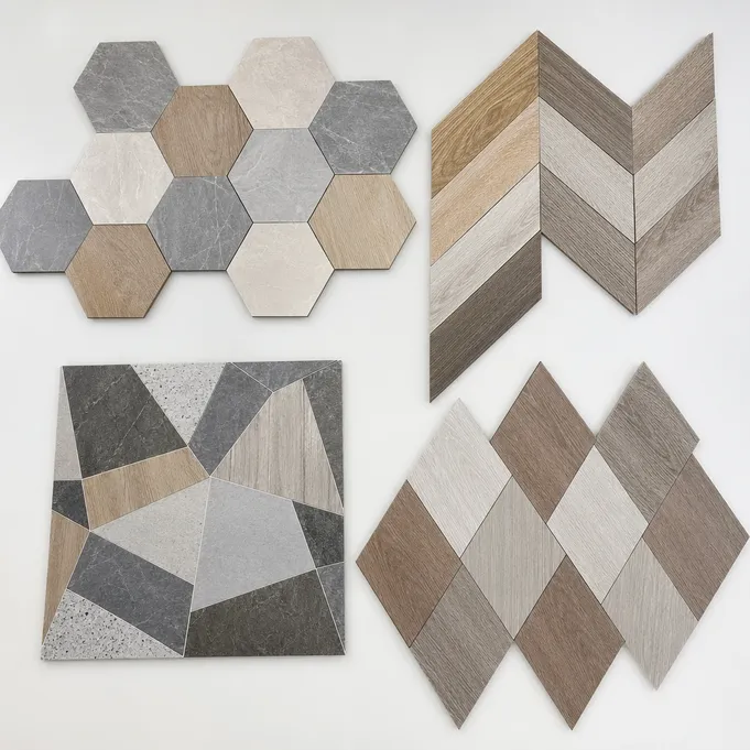 Geometric LVT flooring patterns including hexagon, chevron, and abstract mosaic tiles