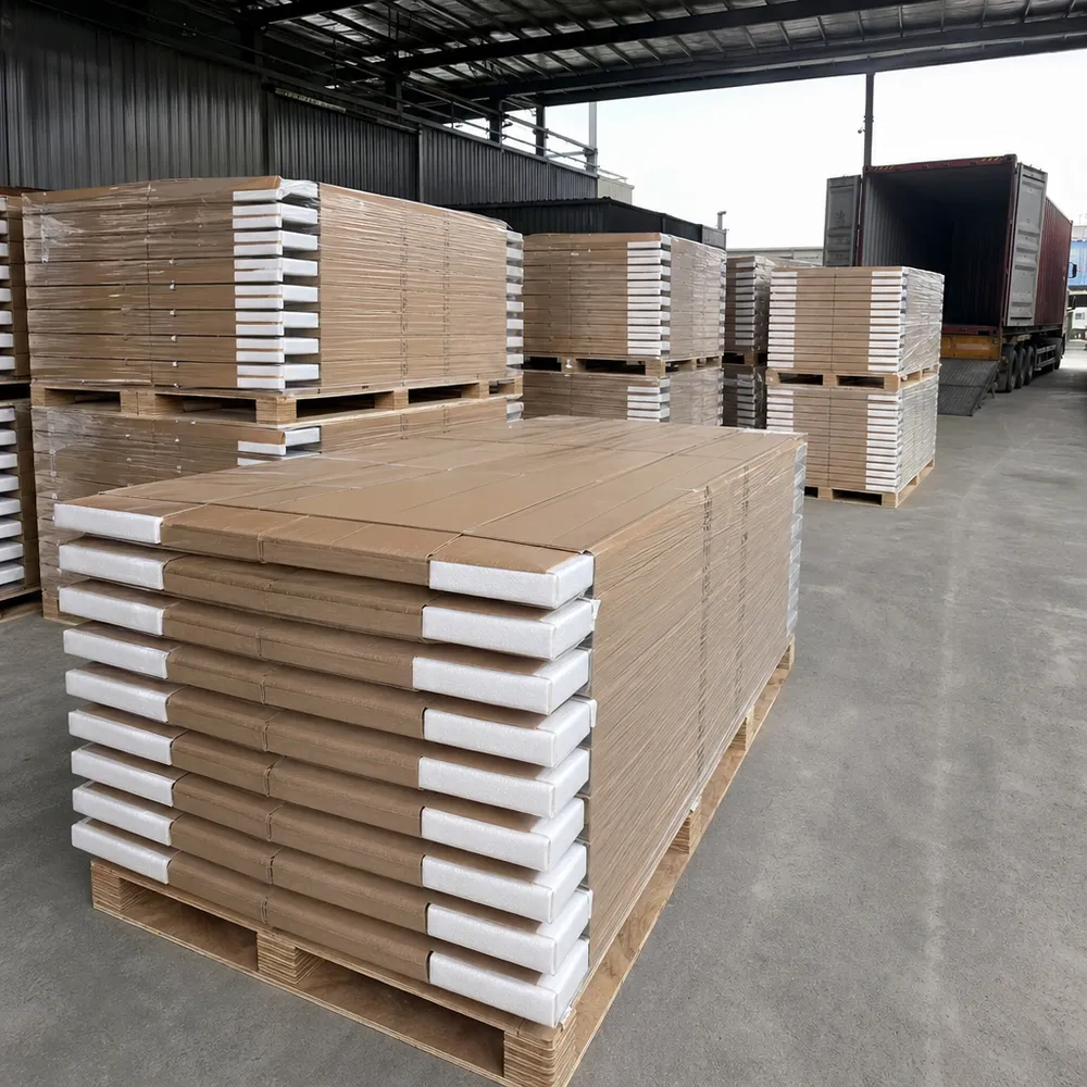 Geometric LVT cartons with corner reinforcement and foam edge inserts ready for container loading