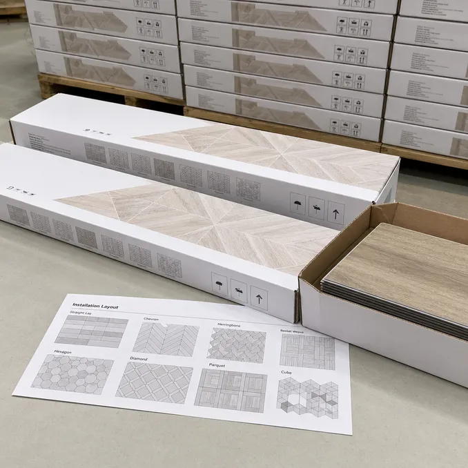 Geometric LVT private label packaging with installation layout diagrams for OEM customers