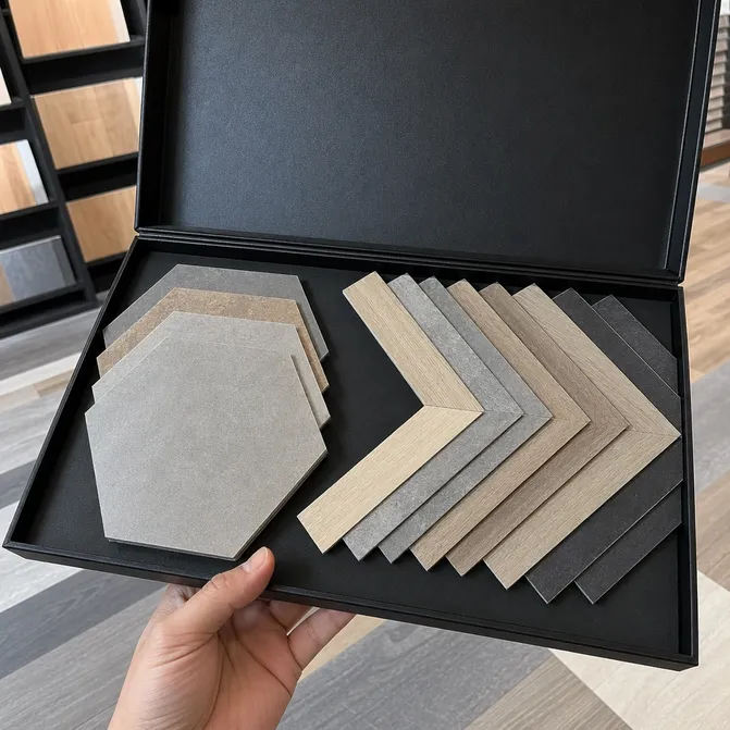 Geometric LVT production sample box showing hexagon and chevron tile samples with cut precision detail