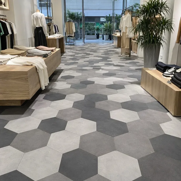 Hexagon LVT tiles in honeycomb pattern for hospitality and boutique retail floors