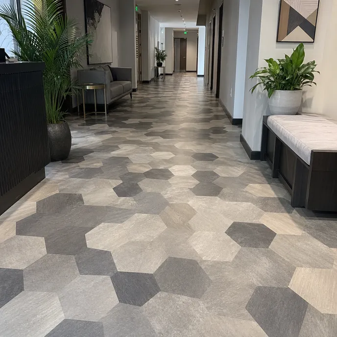 Geometric LVT hexagon pattern in a boutique hotel lobby corridor