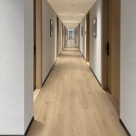 LVT flooring in a hotel corridor — wood-species visual without natural material maintenance