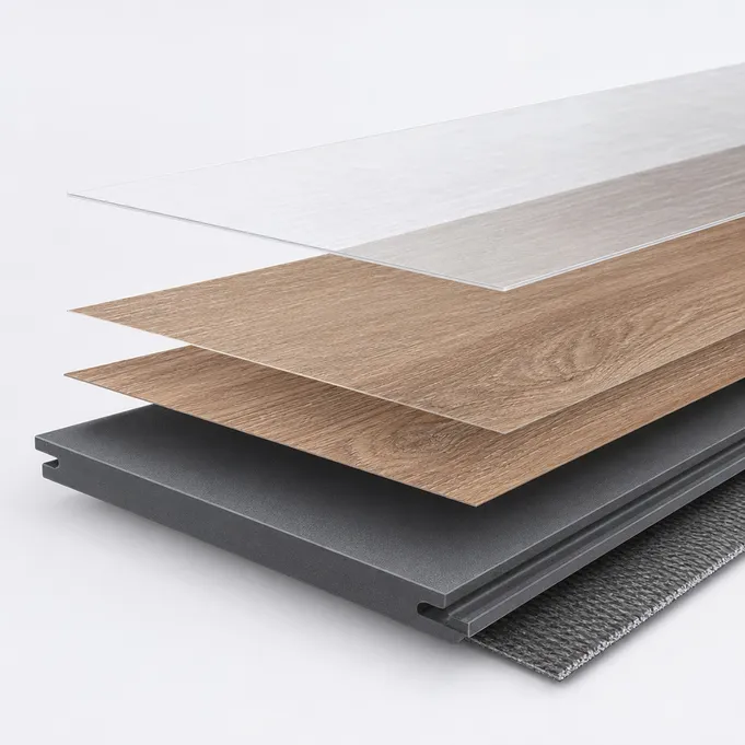 LVT flooring cross-section showing flexible vinyl core, décor film, wear layer, and UV coating