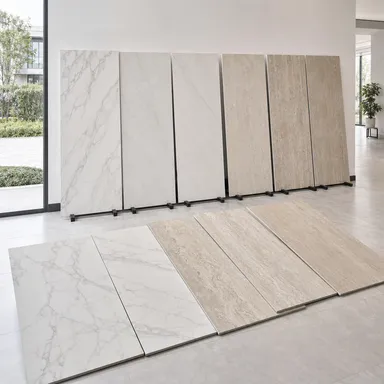 Tile-effect LVT flooring — marble and travertine visuals in large-format rectangular tiles