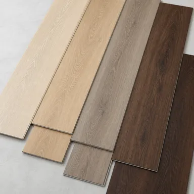 Wood-look LVT flooring — oak and walnut grain textures in light, mid-tone, and dark colorways