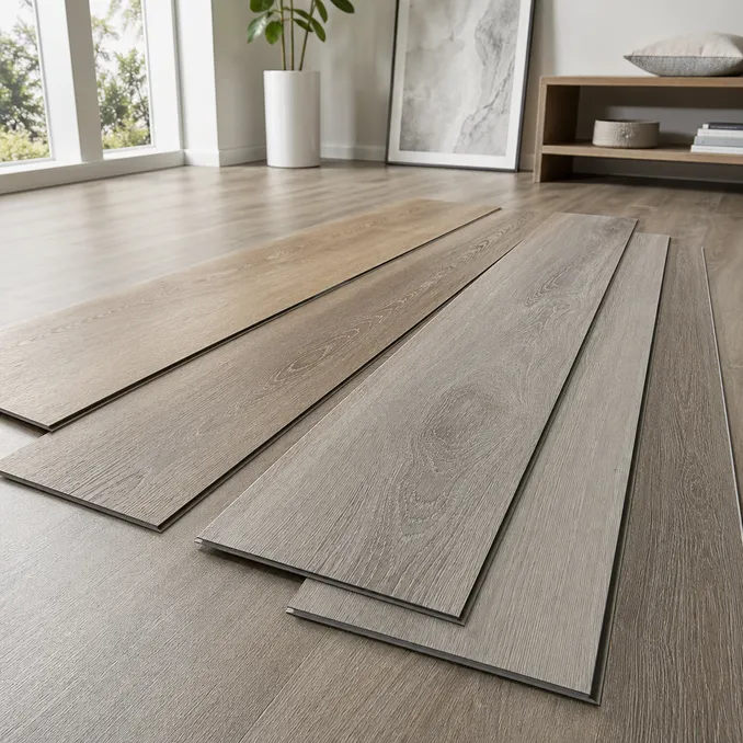 Luxury LVT flooring with embossed-in-register surface texture and wide-plank format