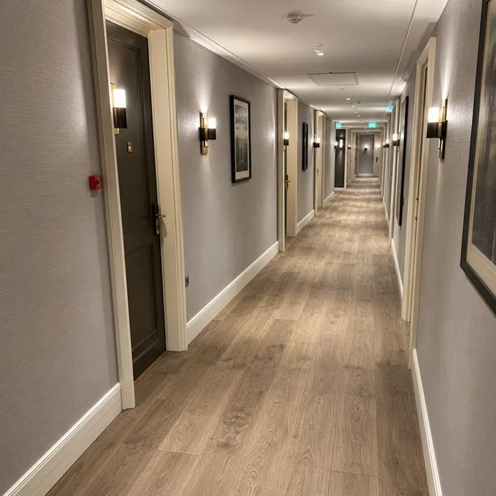 Luxury LVT flooring in boutique hotel corridor with high foot traffic