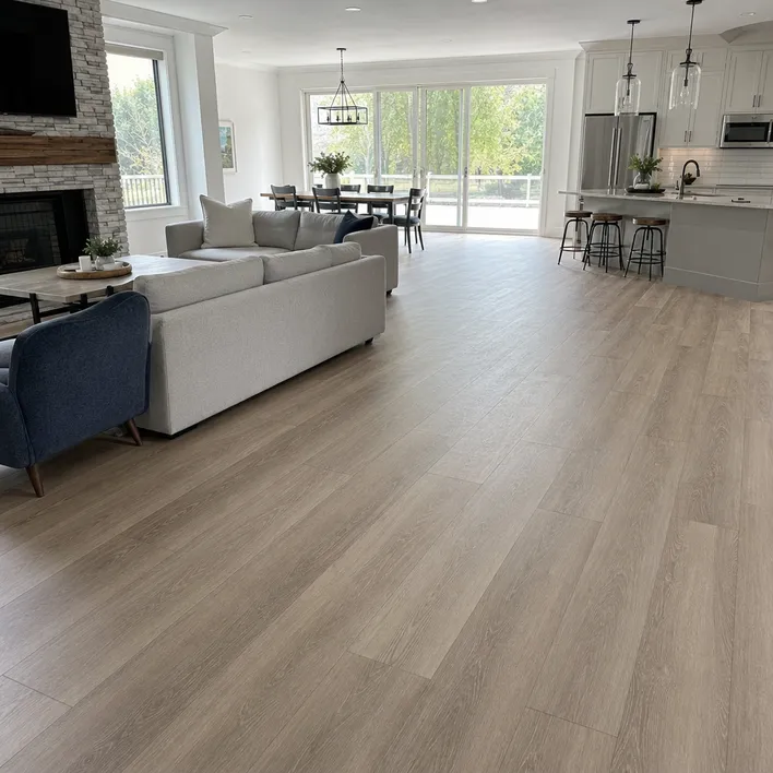 Luxury LVT flooring installed in upscale residential open-plan living area