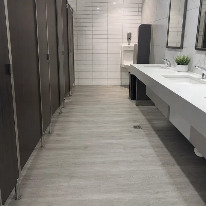 Commercial washroom with LVT flooring meeting R10 slip resistance specification