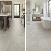 Neutral stone-look LVT décor for kitchen and bathroom