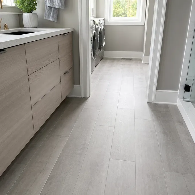 LVT kitchen and bathroom flooring installed in a modern wet area — tight click-lock seams and R10 slip-rated surface