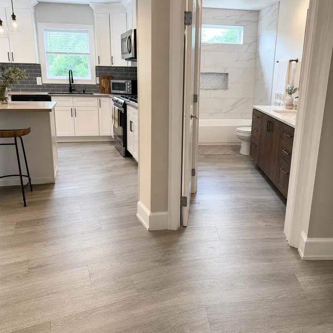 LVT flooring installed in a residential kitchen and bathroom renovation