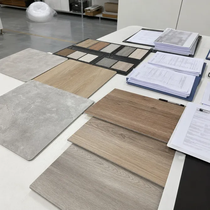 Production sample set for wet-area LVT kitchen and bathroom flooring with test report documentation