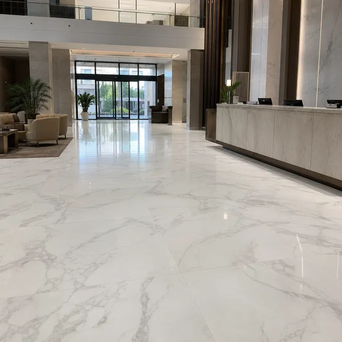 Tile-effect LVT marble flooring in a hotel lobby reception area