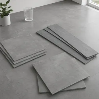 Concrete and slate-look LVT tile in matte grey finish for industrial-modern interiors