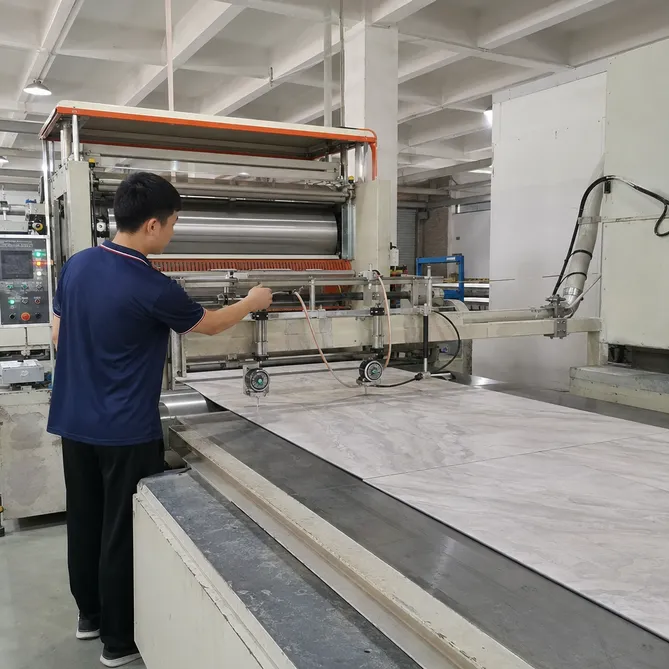 Calender line continuous thickness monitoring for large-format tile-effect LVT production