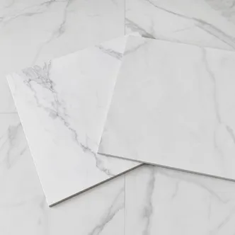 Marble-effect LVT tile showing Calacatta and Carrara white marble with grey veining