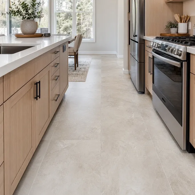 Stone-look LVT tile flooring installed in a residential kitchen renovation
