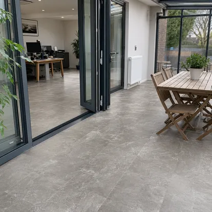 Tile-effect LVT in indoor-outdoor transition area with stone visual