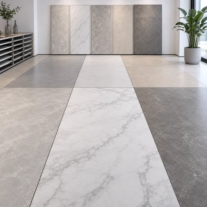 Tile-effect LVT flooring showing marble and stone visuals in large-format tile layout