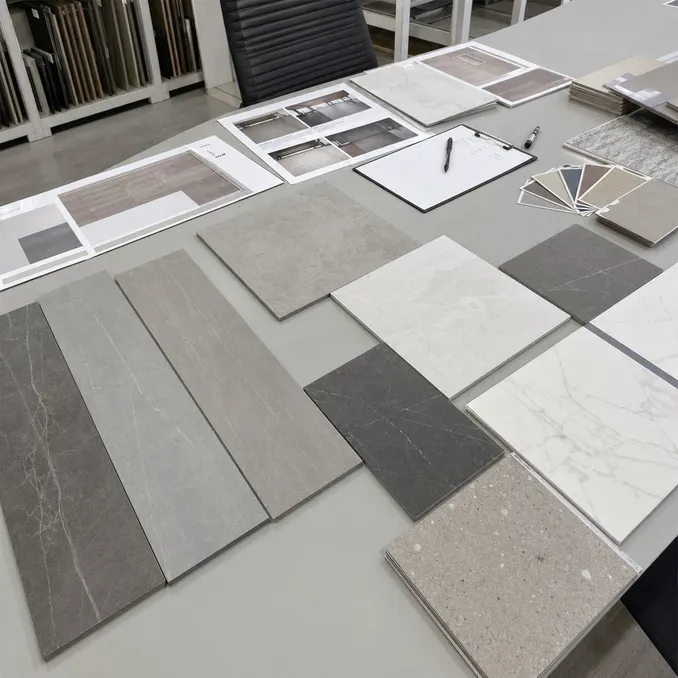 Tile-effect LVT stone visual samples laid out for evaluation against project reference materials