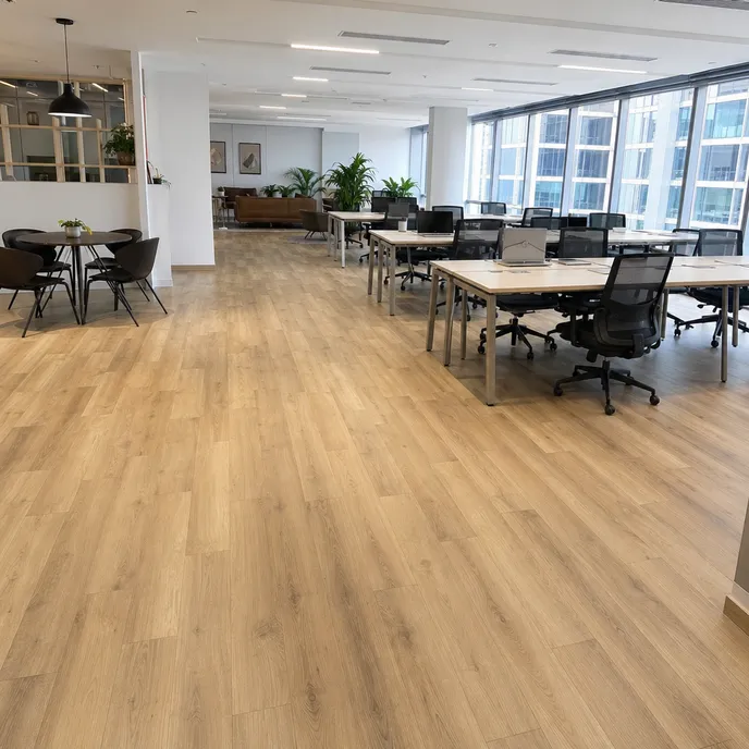 Wood-look LVT in commercial office and co-working space