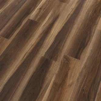 Hickory LVT flooring showing dramatic heartwood-sapwood grain variation and hand-scraped texture