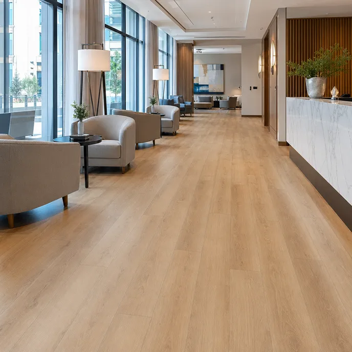 Wood-look LVT in hotel and hospitality interior