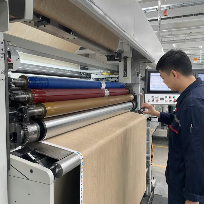 Rotogravure printing process for wood-look LVT décor film showing color registration control