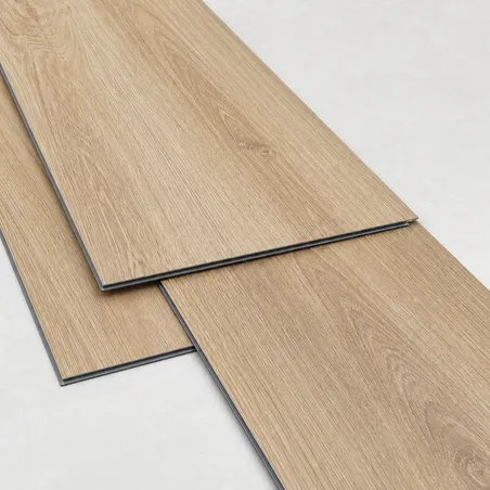 Entry-level residential wood-look LVT plank showing 0.2–0.3mm wear layer surface