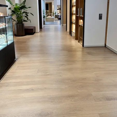Heavy commercial 0.7mm wear layer wood-look LVT in hotel corridor or high-traffic retail