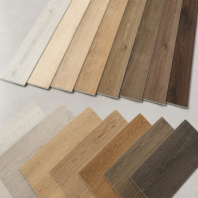 Wood-look LVT flooring samples showing oak, walnut, and hickory décors in light to dark tones