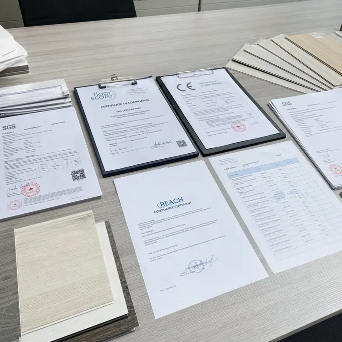 Elefloor certification documents including FloorScore, CE marking, SGS test reports, and REACH compliance