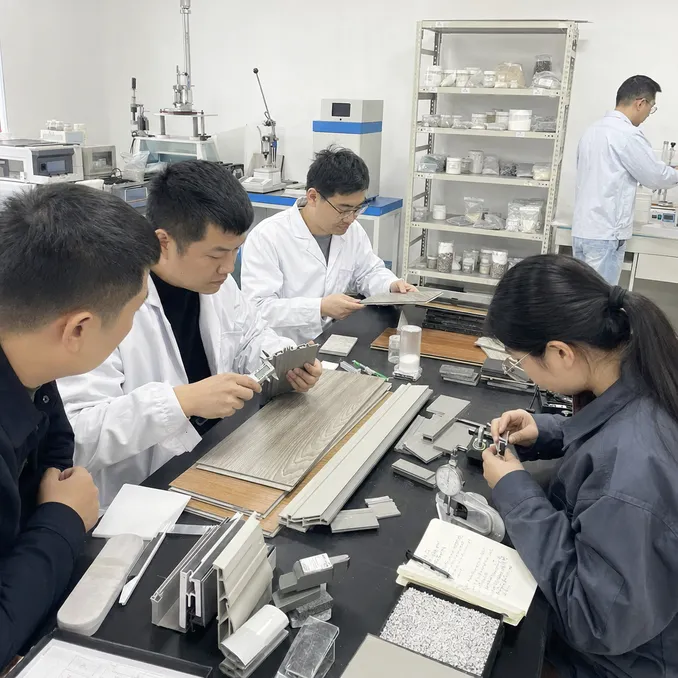 Elefloor R&D engineers testing SPC core formulation and click-lock profiles in the development lab