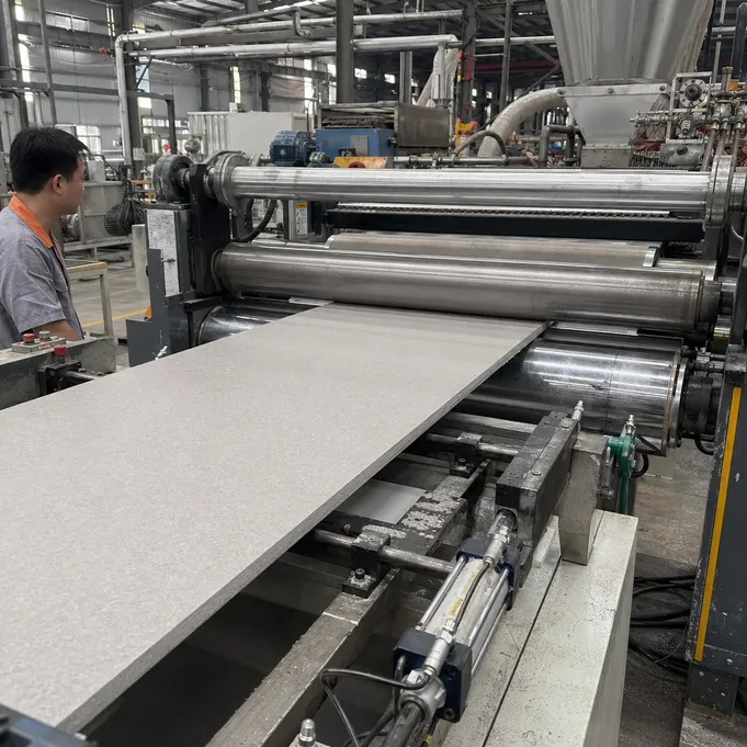 8mm SPC core production at the calender line — showing the extrusion and compression process