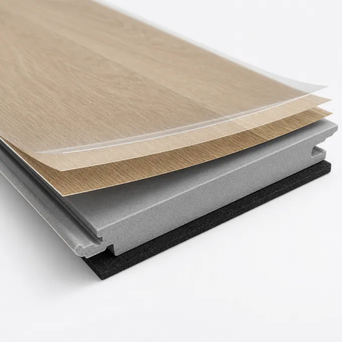 Cross-section of 8mm SPC flooring showing rigid stone polymer composite core layers and attached IXPE underlayment