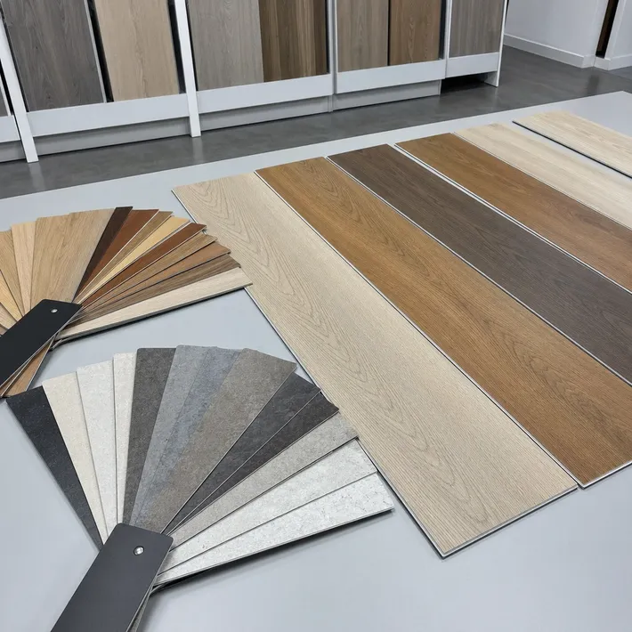 Custom 8mm SPC flooring décor samples — oak, walnut, stone patterns available for OEM orders