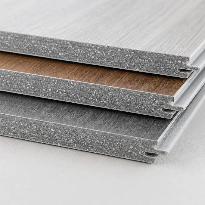 8mm SPC flooring thick rigid core plank cross-section showing dense stone polymer composite construction