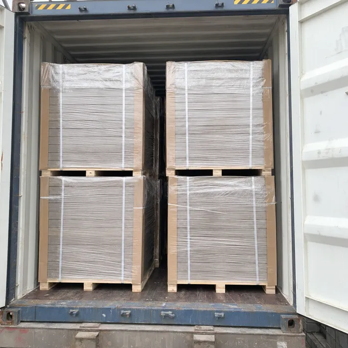 8mm SPC flooring pallets loaded in shipping container with corner protectors and stretch wrap