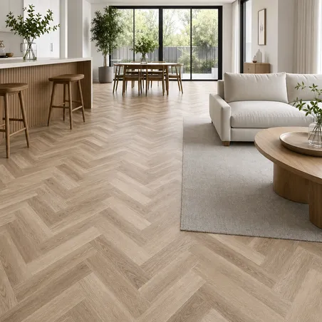 Herringbone SPC flooring for premium visual segments