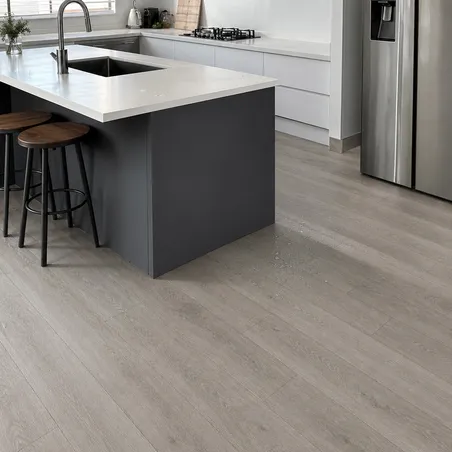 Kitchen SPC flooring with slip-rated surfaces for wet areas