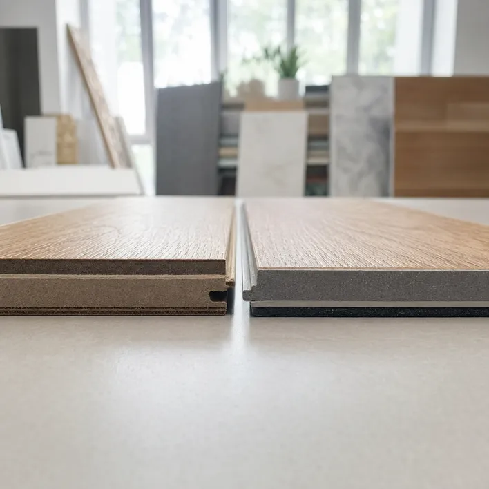 Side-by-side comparison of laminate flooring and 8mm SPC flooring showing similar thickness and visual depth